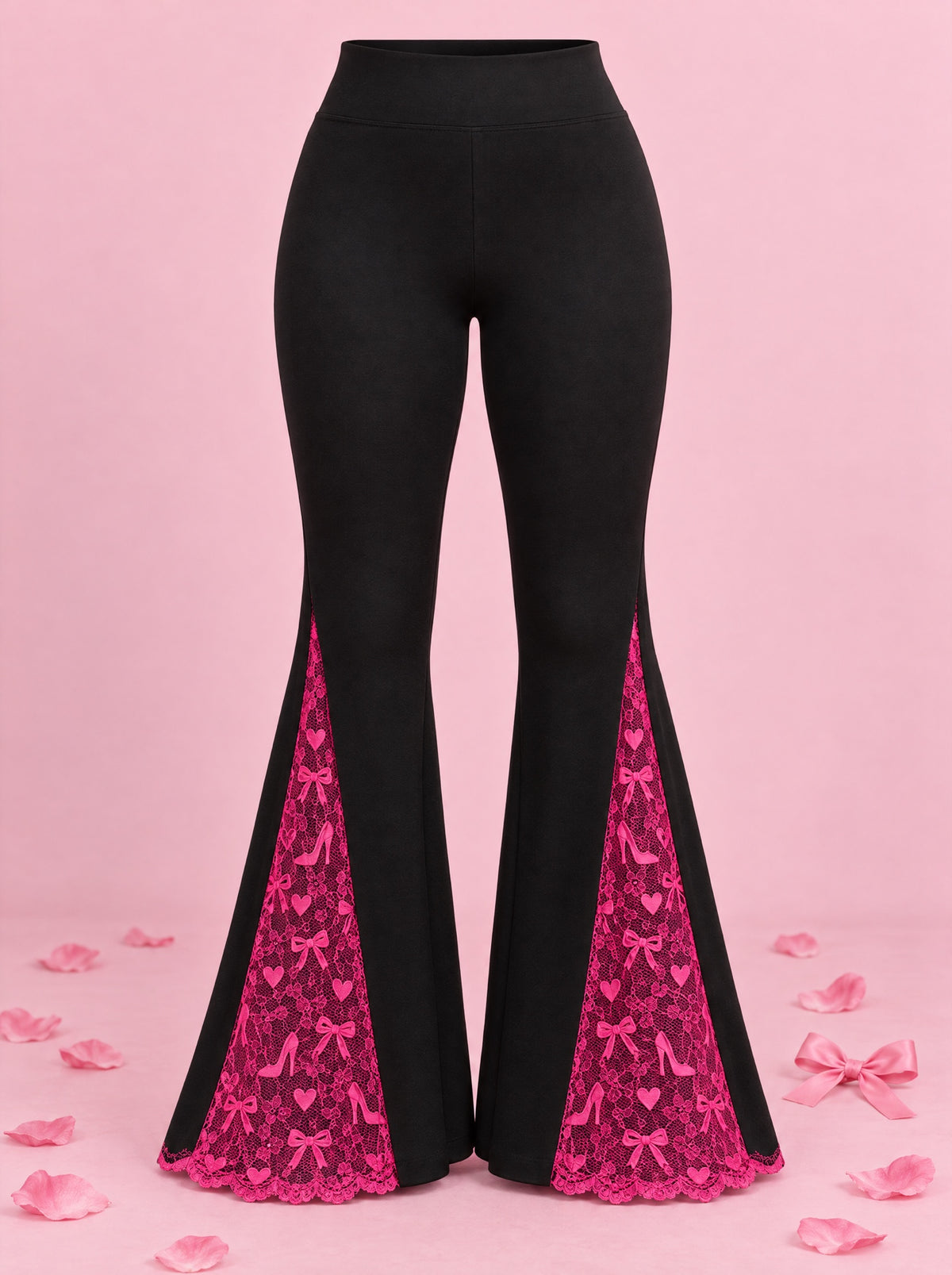 The Dream Flare Midnight Pink – black flare leggings with hot-pink lace panels and scalloped hem