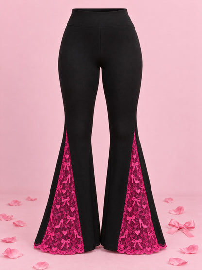 The Dream Flare Midnight Pink – black flare leggings with hot-pink lace panels and scalloped hem