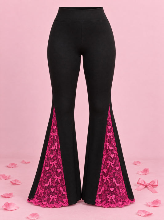 The Dream Flare Midnight Pink – black flare leggings with hot-pink lace panels and scalloped hem